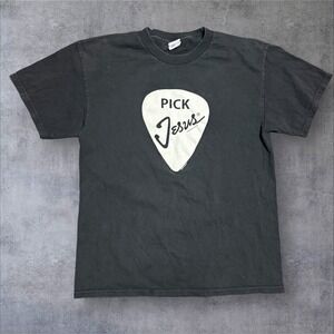 "Pick Jesus" Romans 10:13 Y2K T Shirt Tennessee River Mens Size L Black Guitar